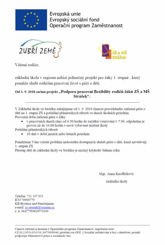 Podpora pracovní flexibility rodičů žáků ZŠ a MŠ Strážek