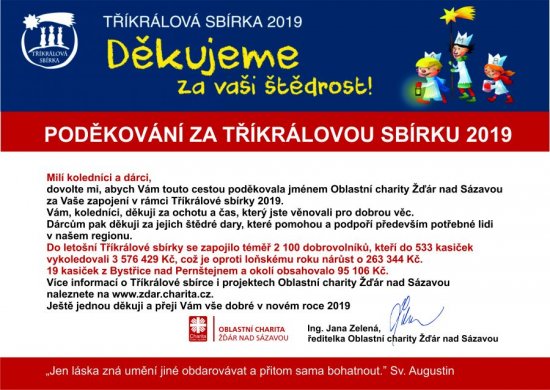 PODĚKOVÁNÍ ZA TŘÍKRÁLOVOU SBÍRKU 2019